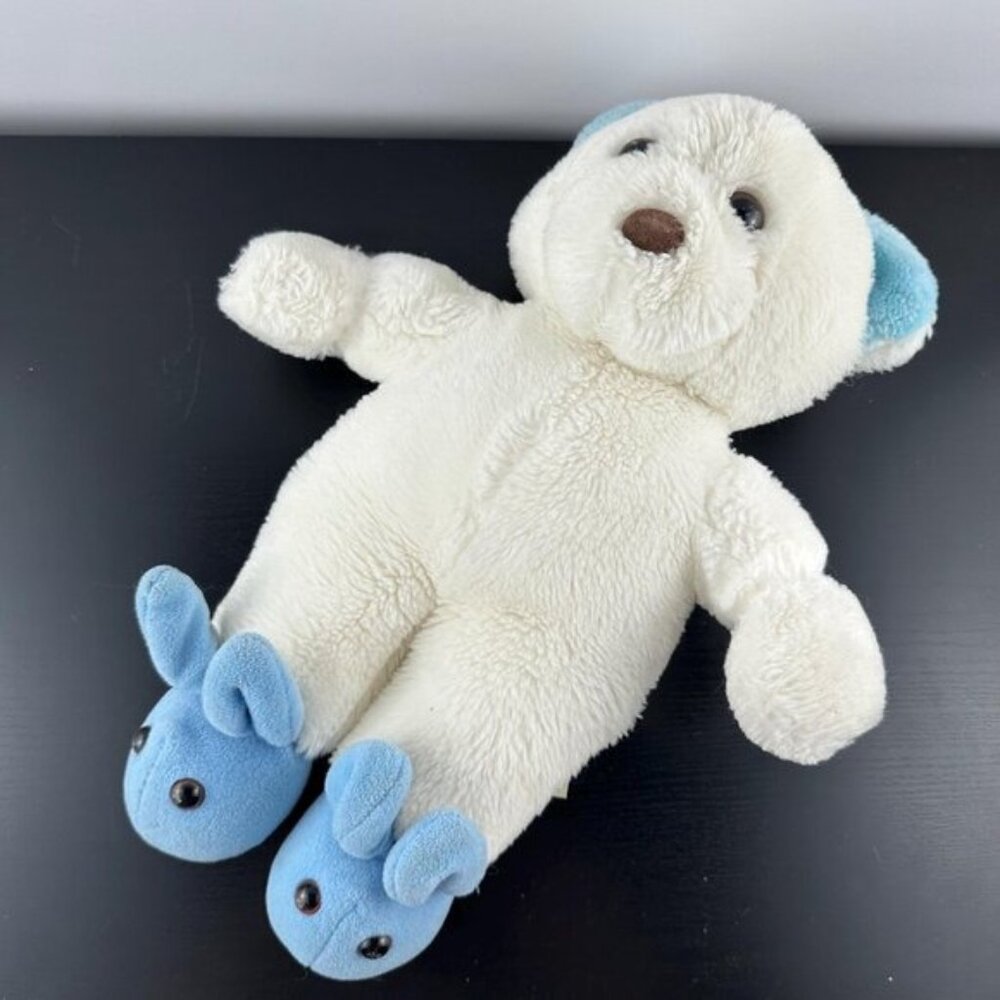 1985 Ganz Heritage White Teddy Bear Blue Ears Bunny Feet Slippers Plush 13”